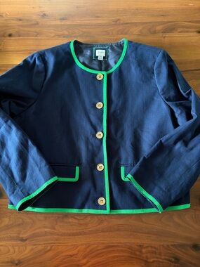 J Crew Tipped Lady Jacket Navy Basketweave Green Trim | 18